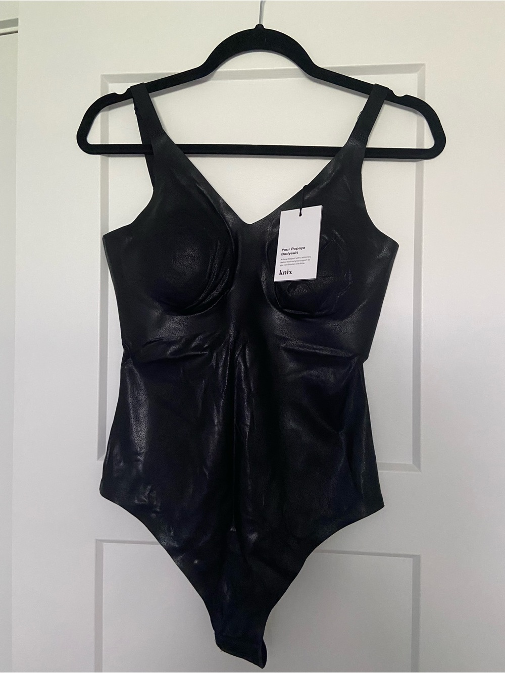 Knix The Birds Papaya Shimmer Leather-Look Bodysuit NWT Black